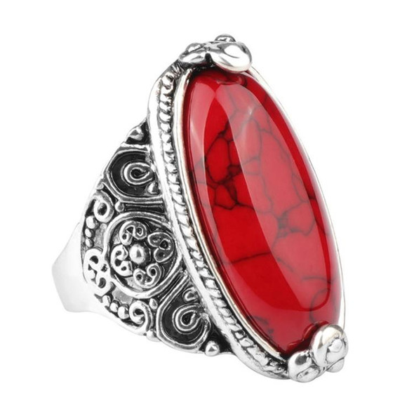 Fashion Vintage Oval Turquoise Flower Ring Women Antique Silver Jewelry, Ring Size:8(Red)