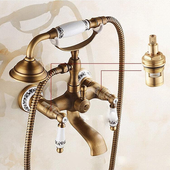 Antique Brass Wall Mounted Bathroom Tub Faucet Dual Ceramics Handles Telephone Style Hand Shower, Specification:Telephone Shower + Fixed Seat