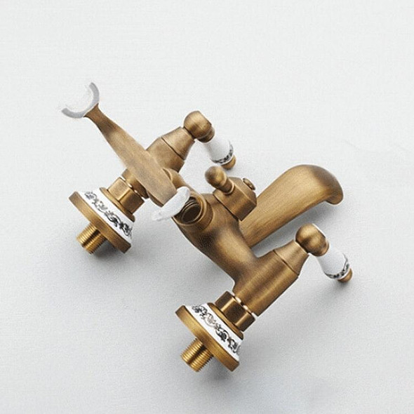 Antique Brass Wall Mounted Bathroom Tub Faucet Dual Ceramics Handles Telephone Style Hand Shower, Specification:Telephone Shower + Fixed Seat