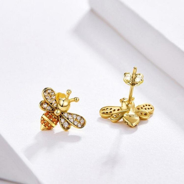 S925 Sterling Silver Earrings Bee Inlaid Female Earrings, Color:Gold