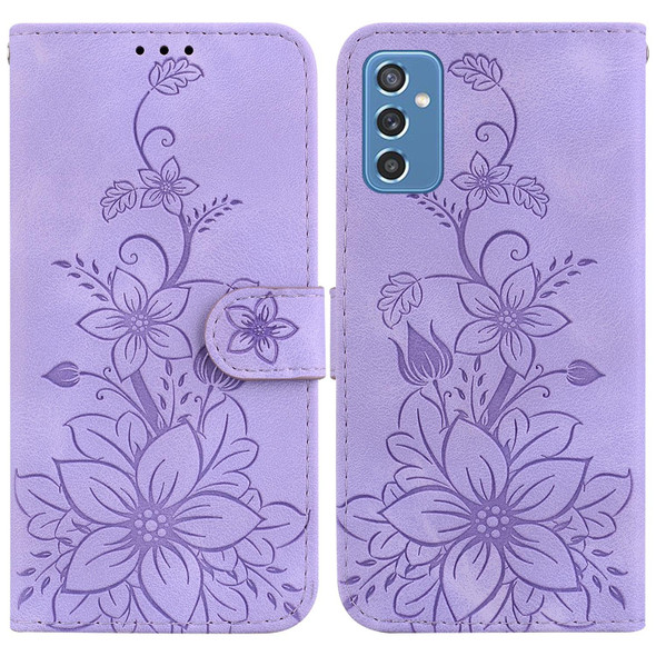 For Samsung Galaxy M52 5G Lily Embossed Leatherette Phone Case(Purple)