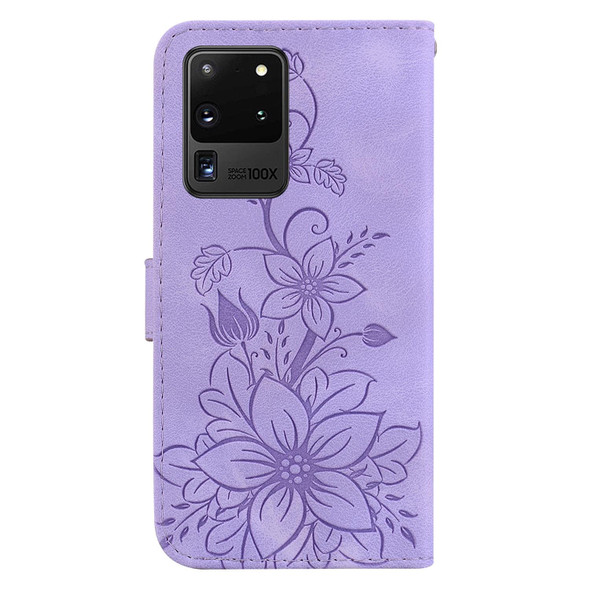 For Samsung Galaxy S20 Ultra Lily Embossed Leatherette Phone Case(Purple)