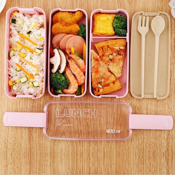 900ml 3 Layers Bento Box Lunch Box Food Container Wheat Straw Material Microwavable Dinnerware Lunchbox(Pink)