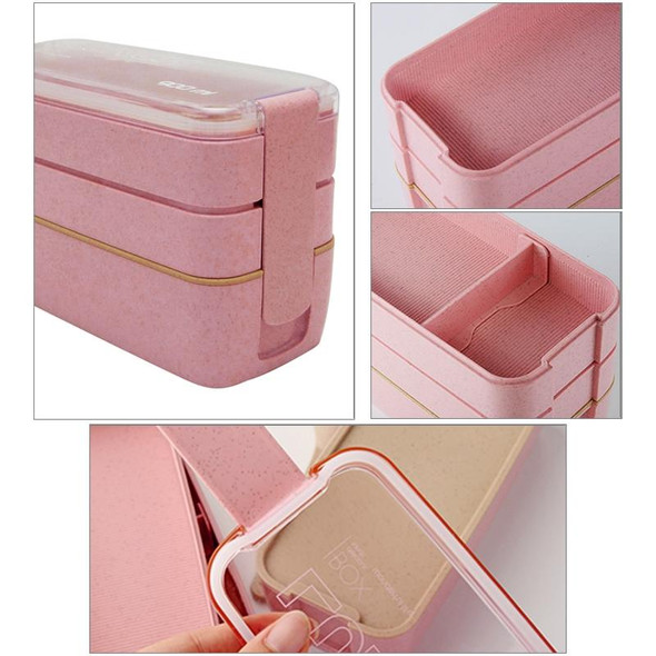 900ml 3 Layers Bento Box Lunch Box Food Container Wheat Straw Material Microwavable Dinnerware Lunchbox(Pink)