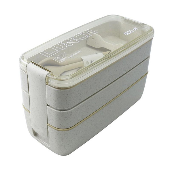 900ml 3 Layers Bento Box Lunch Box Food Container Wheat Straw Material Microwavable Dinnerware Lunchbox(Khaki)
