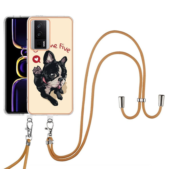 For Xiaomi Poco F5 Pro 5G / Redmi K60 Electroplating Dual-side IMD Phone Case with Lanyard(Lucky Dog)