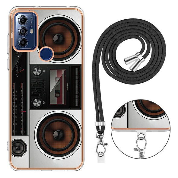 For Motorola Moto G Play 2023 Electroplating Dual-side IMD Phone Case with Lanyard(Retro Radio)