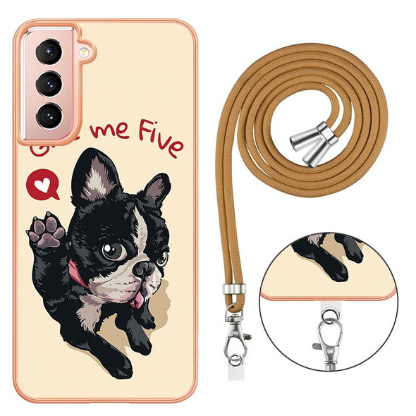 For Samsung Galaxy S21 FE 5G Electroplating Dual-side IMD Phone Case with Lanyard(Lucky Dog)