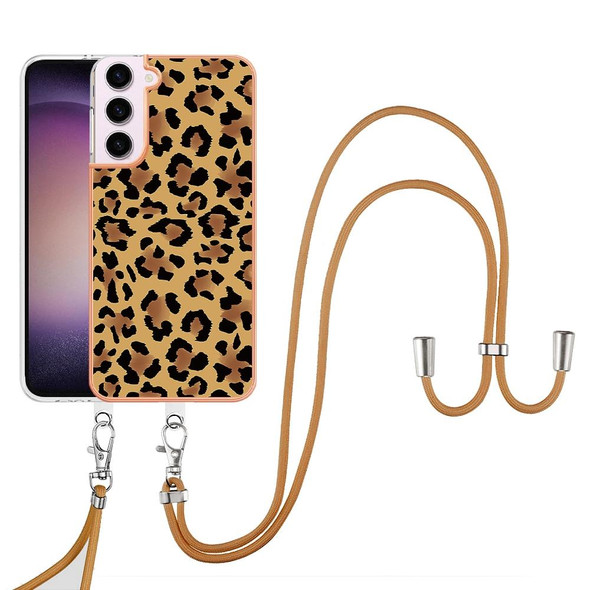 For Samsung Galaxy S22 5G Electroplating Dual-side IMD Phone Case with Lanyard(Leopard Print)