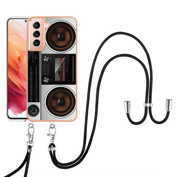 For Samsung Galaxy S21 5G Electroplating Dual-side IMD Phone Case with Lanyard(Retro Radio)