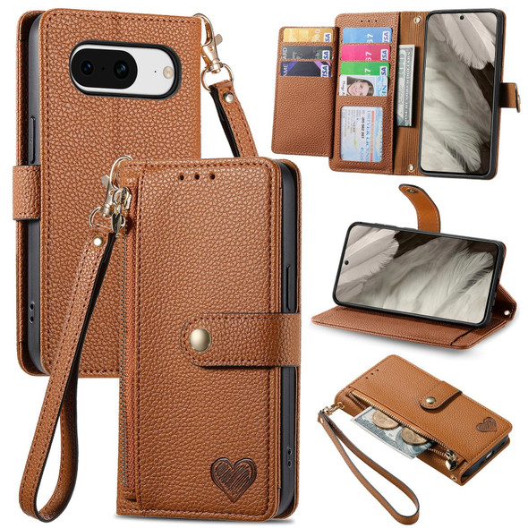 For Google Pixel 8 Love Zipper Lanyard Leatherette Phone Case(Brown)