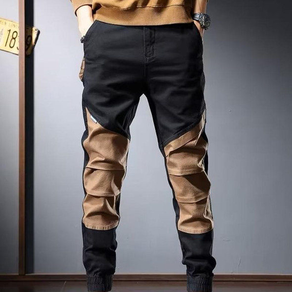 Mens Vintage Functional Pants Drawstring Leg Colorblocking Casual Pants, Size: L(Black)