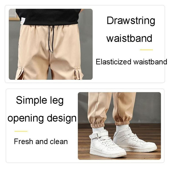 Mens Drawstring Trousers Multi-Pocket Casual Pants, Size: L(Khaki)