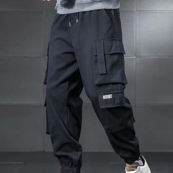 Mens Drawstring Trousers Multi-Pocket Casual Pants, Size: XXL(Black)