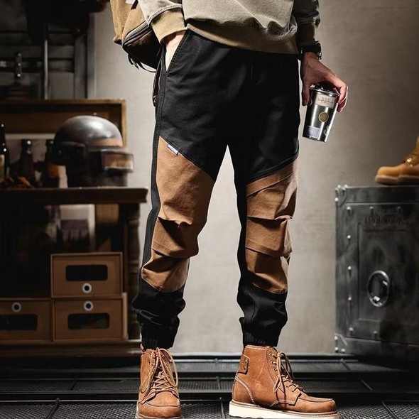 Mens Vintage Functional Pants Drawstring Leg Colorblocking Casual Pants, Size: L(Khaki)