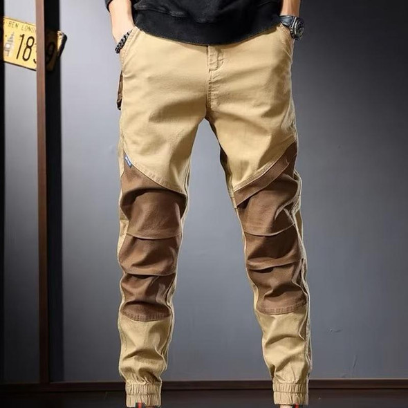 Mens Vintage Functional Pants Drawstring Leg Colorblocking Casual Pants, Size: XL(Khaki)