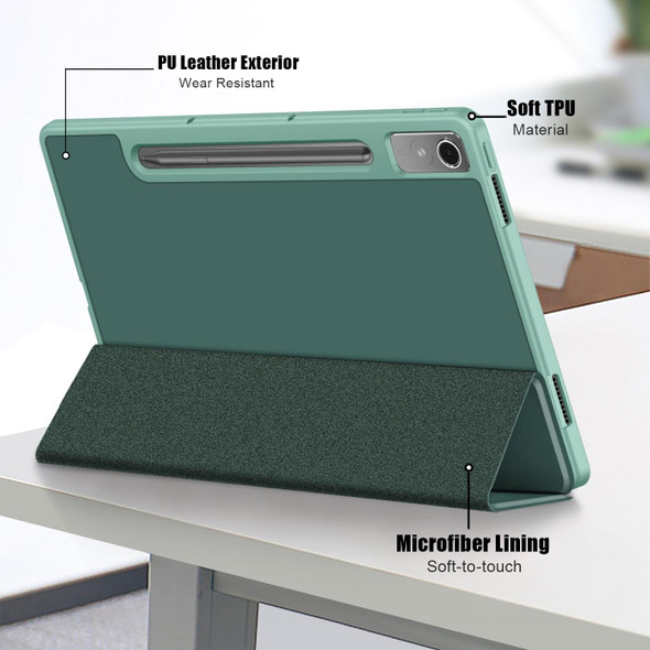 For Lenovo Tab P12 12.7 2023 3-folding TPU Smart Leatherette Tablet Case(Deep Green)