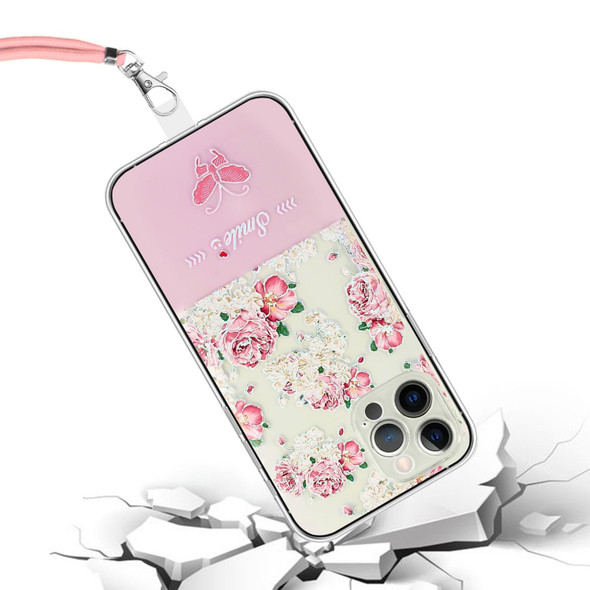 For iPhone 15 Bronzing Butterfly Flower TPU Phone Case with Lanyard(Peony)