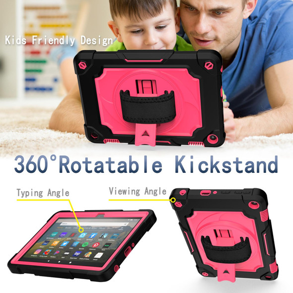 Amazon Kindle Fire HD 8 2020 360 Degree Rotation Turntable Contrast Color Robot Shockproof Silicone + PC Protective Case with Holder(Black + Rose Red)