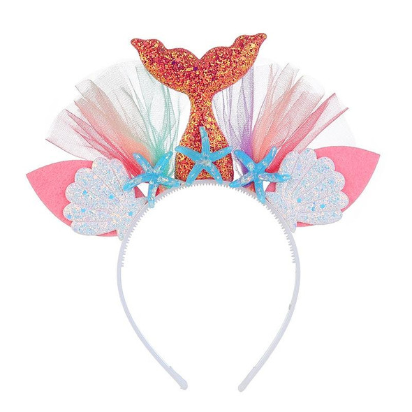 2 PCS Rainbow Mermaid Headband Children Party Hair Accessories Net Gauze Flower Animal Hair Accessories(Pink)