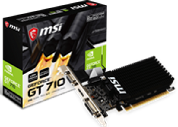 MSI Nvidia GeForce GT710 GPU SLI ready Graphics Card - 2GB GDDR3 64bit Memory, PCI Express 2.0 x16 bus interface, Memory Clock 1600MHz, Engine Clock 954, DVI-D, HDMI and D-Sub , Retail Box , 2 year Limited warranty