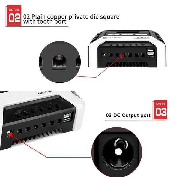 MPPT Solar Controller 12V / 24V / 48V Automatic Identification Charging Controller with Dual USB Output, Model:30A