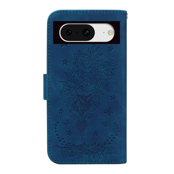 For Google Pixel 8 Butterfly Rose Embossed Leatherette Phone Case(Blue)