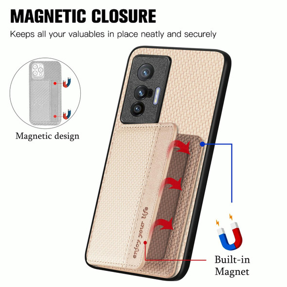 For  vivo X70 Carbon Fiber Magnetic Card Bag Phone Case(Khaki)