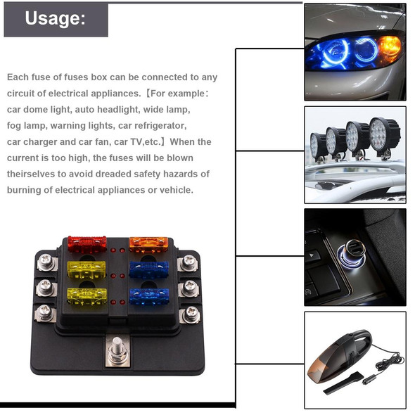 1 in 6 Out 6 Way Circuit Fuse Box Screw Terminal Section Fuse Holder Kits with LED Warning Indicator for Auto Car Truck Boat