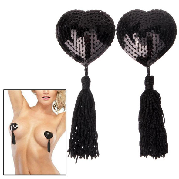 3 Sets Heart Style Sequin Women Tassels Nipple Sticker Pasties(Black)