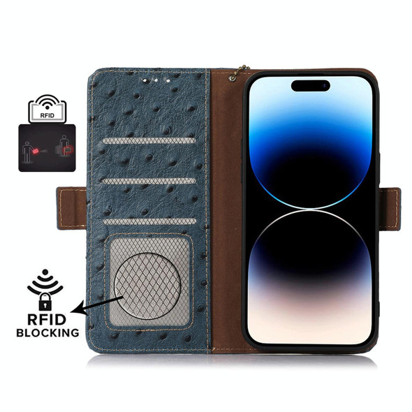 For Honor Magic5 Ostrich Pattern Genuine Leatherette RFID Phone Case(Blue)