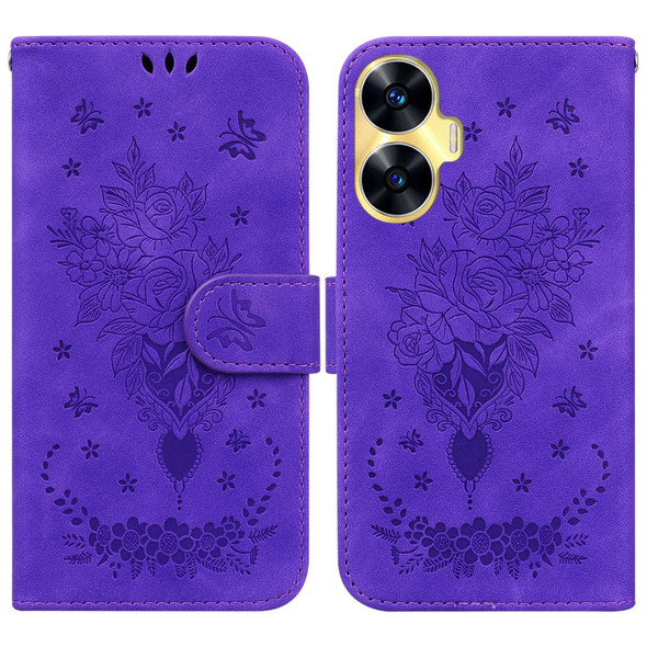 For Realme C55 Butterfly Rose Embossed Leatherette Phone Case(Purple)