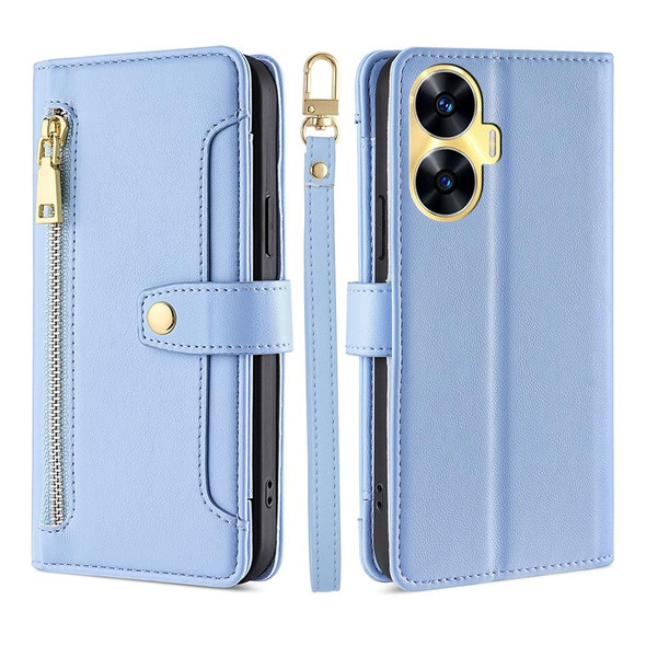 For Realme C55 4G Sheep Texture Cross-body Zipper Wallet Leatherette Phone Case(Blue)