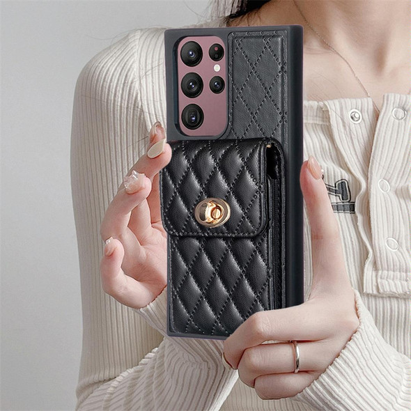 For Samsung Galaxy S22 Ultra 5G Vertical Wallet Rhombic Leatherette Phone Case(Black)