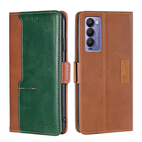 For Tecno Camon 18 / 18P Contrast Color Side Buckle Leatherette Phone Case(Light Brown + Green)