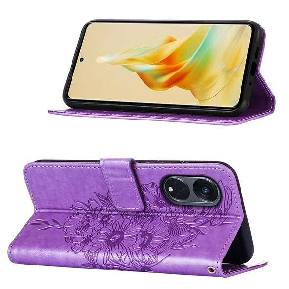 For OPPO A1 Pro / Reno8 T 5G Embossed Butterfly Leatherette Phone Case(Light Purple)