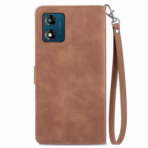 For Motorola Moto E13 Embossed Flower Zipper Leatherette Phone Case(Brown)