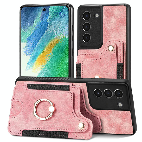 For Samsung Galaxy S21 FE 5G Retro Skin-feel Ring Multi-card Wallet Phone Case(Pink)