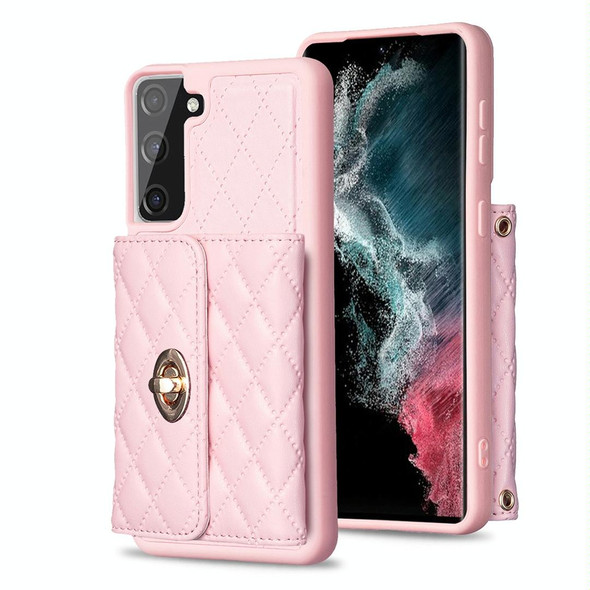 For Samsung Galaxy S21 FE 5G Horizontal Metal Buckle Wallet Rhombic Leatherette Phone Case(Pink)