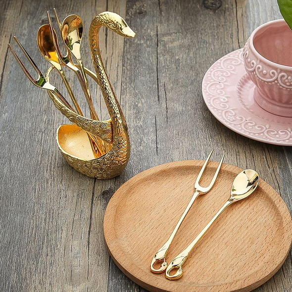 Swan Fruit Fork And Spoon Set Dessert Fork Fruit Fork Rack Tableware Wedding Gift, Colour: Golden Striped Base