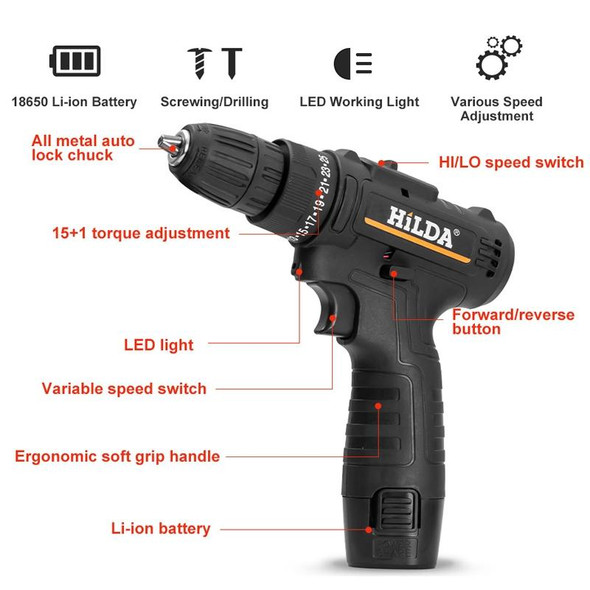 HILDA Home Power Drill 12V Li-Ion Drill With Charger And Battery, US Plug, Model: Carton Packing