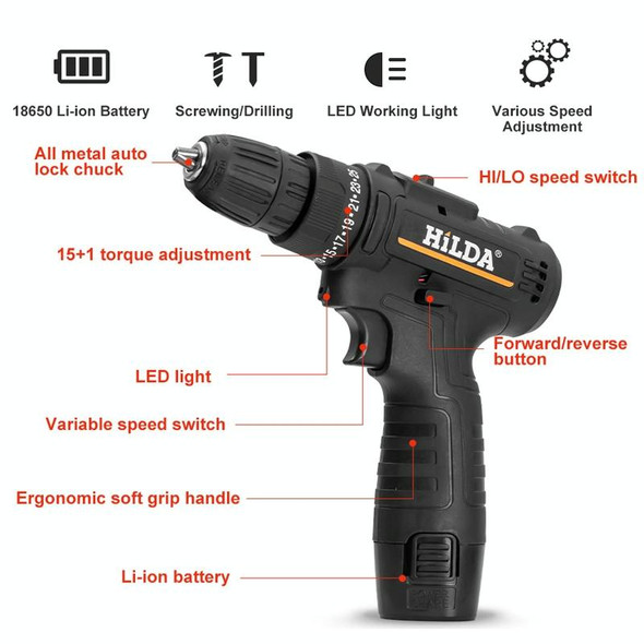 HILDA Home Power Drill 12V Li-Ion Drill With Charger And Battery, US Plug, Model: Plastic Packing
