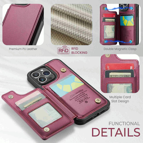 For iPhone 15 Pro Max CaseMe C22 Card Slots Holder RFID Anti-theft Phone Case(Wine Red)