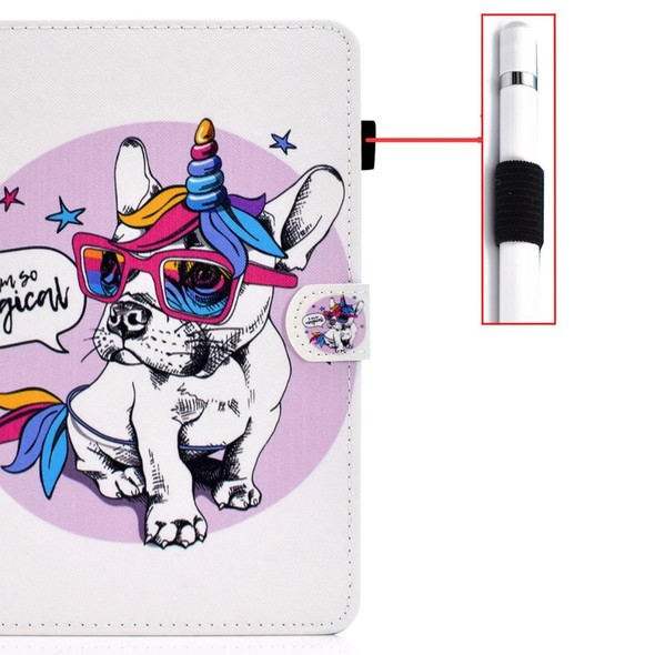 For iPad Pro 11 (2020) Sewing Thread Horizontal Painted Flat Leatherette Tablet Case with Sleep Function & Pen Cover & Anti Skid Strip & Card Slot & Holder(Unicorn Dog)