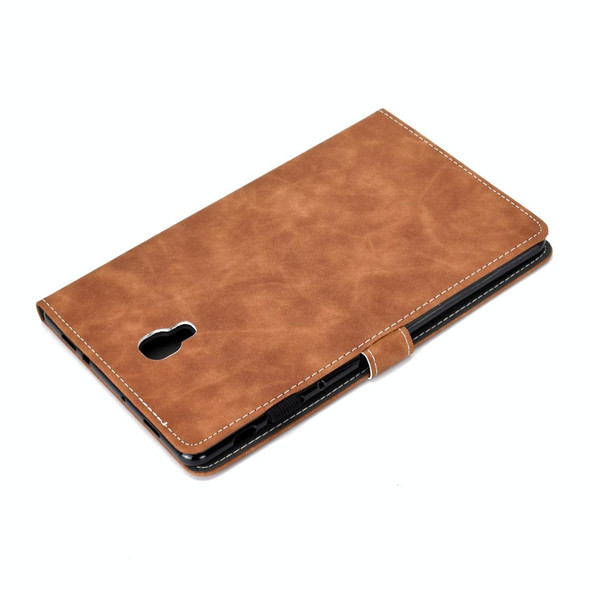 For Galaxy Tab A 10.5 T590 Embossing Sewing Thread Horizontal Painted Flat Leatherette Case with Sleep Function & Pen Cover & Anti Skid Strip & Card Slot & Holder(Brown)