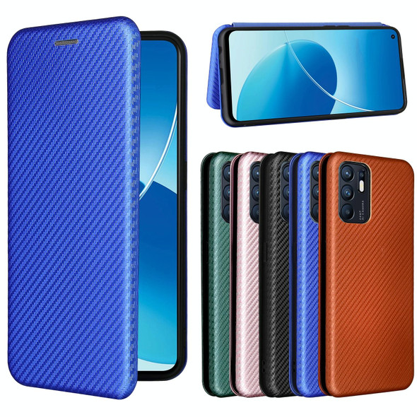 For OPPO Reno6 4G Carbon Fiber Texture Horizontal Flip TPU + PC + PU Leatherette Case with Card Slot(Blue)