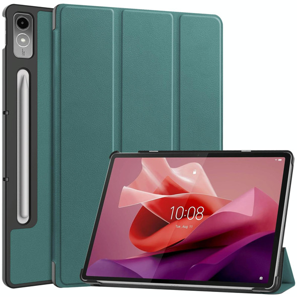 For Lenovo Tab P12/Xiaoxin Pad Pro 12.7 inch Custer Solid Color 3-Fold Stand Leatherette Tablet Case(Dark Green)