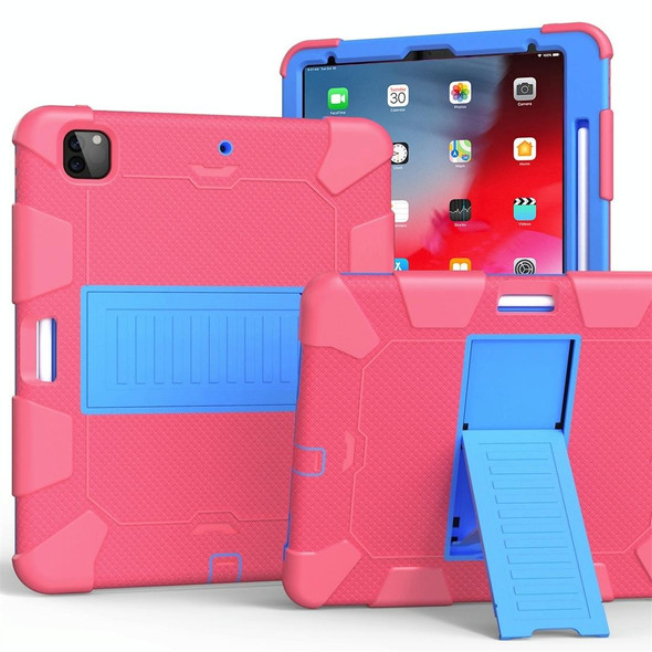 For iPad Pro 12.9 (2018) / (2020) Shockproof Two-Color Silicone Protective Tablet Case with Holder(Rose Red+Blue)