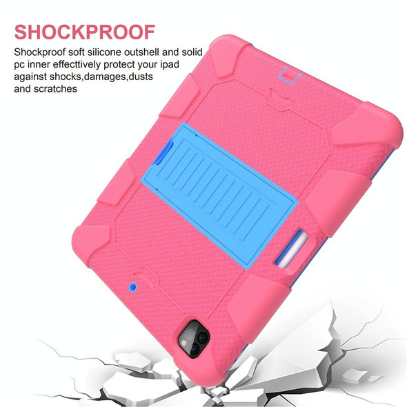 For iPad Pro 12.9 (2018) / (2020) Shockproof Two-Color Silicone Protective Tablet Case with Holder(Rose Red+Blue)