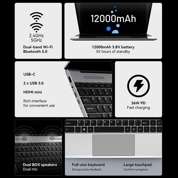 ALLDOCUBE GTBook 13 Pro Laptop, 13.5 inch, 12GB+256GB, Windows 11 Intel Celeron N5100 Quad Core, Support TF Card & Bluetooth & Dual Band WiFi(Silver)